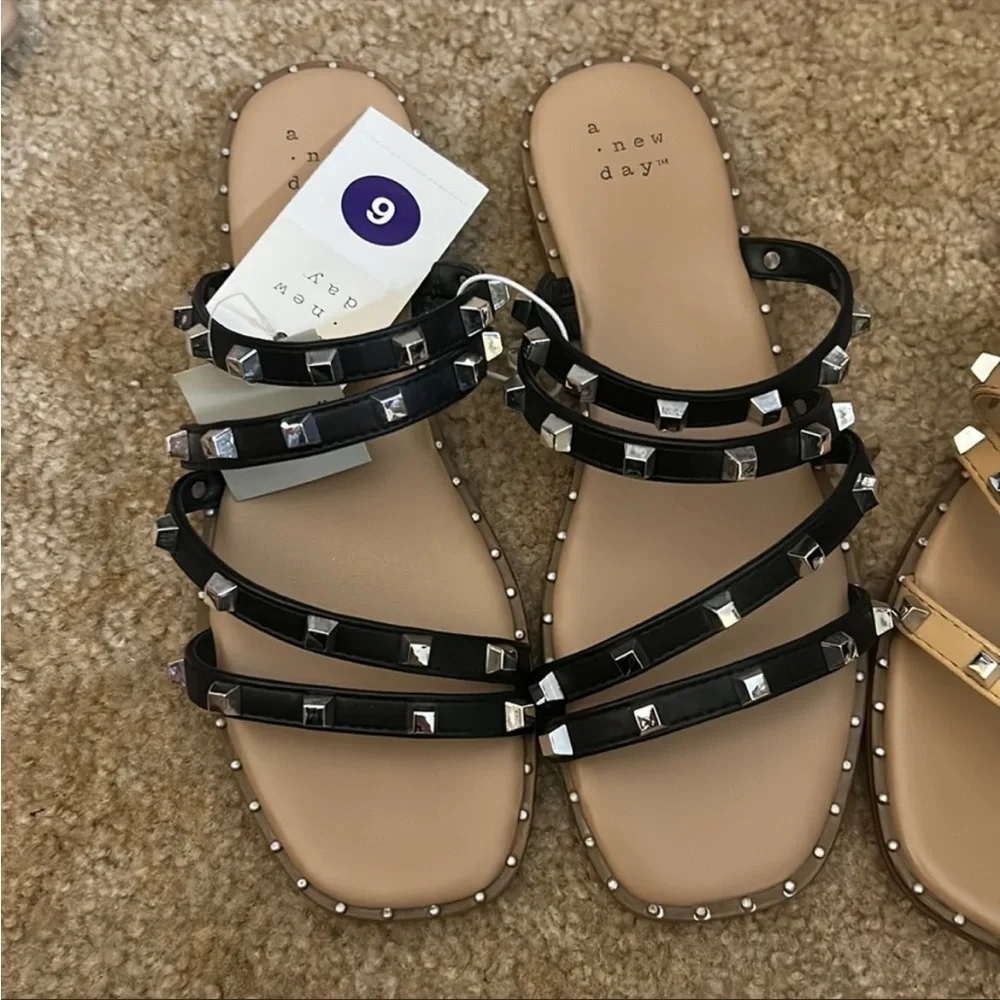 NEW! 2 Pairs of studded flat sandals- Tan and Black- NWT - Picture 2 of 3